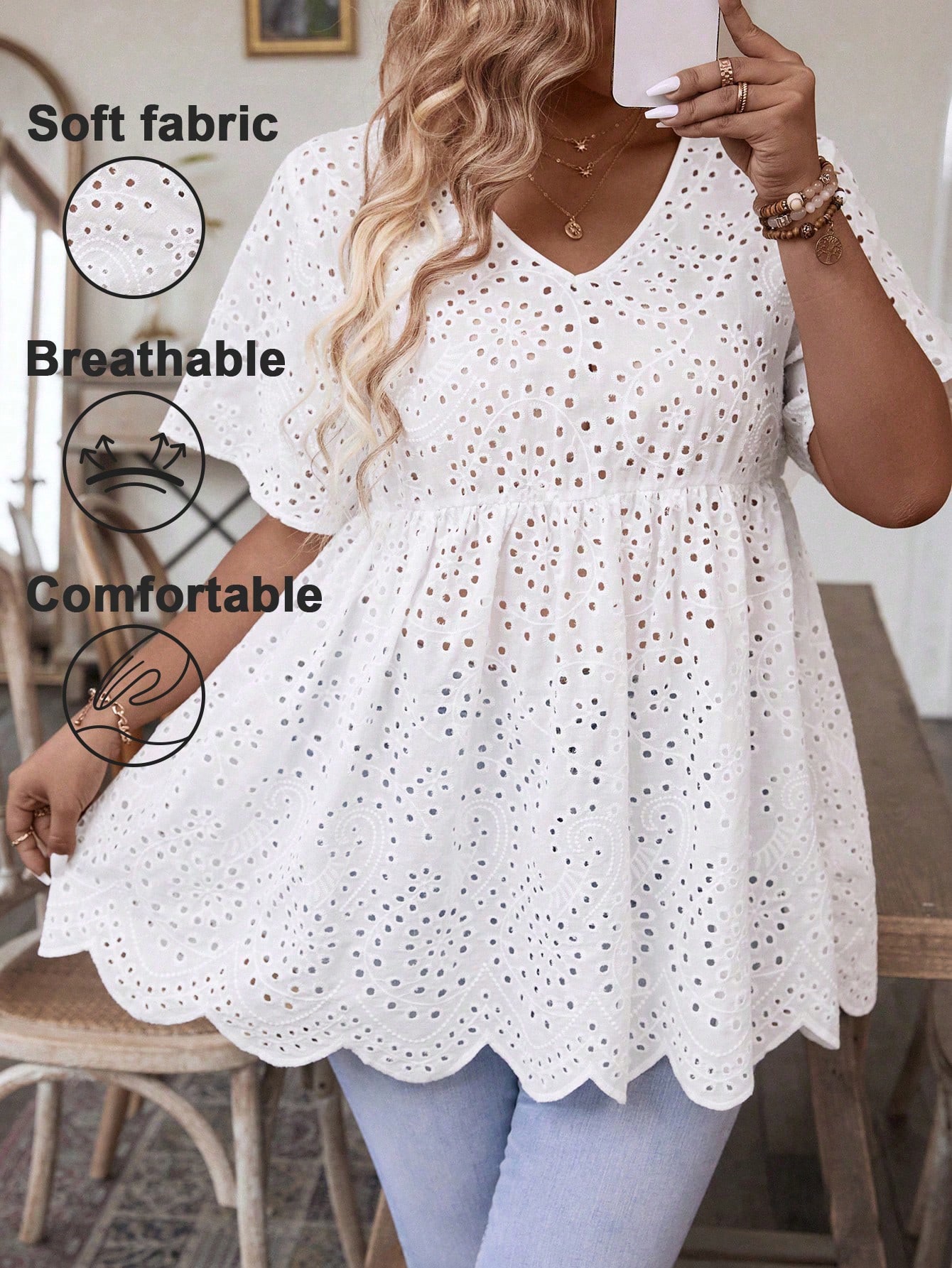 Embroidery Blouse - بلوزة نسائية بيضاء مطرزة بفتحات تهوية