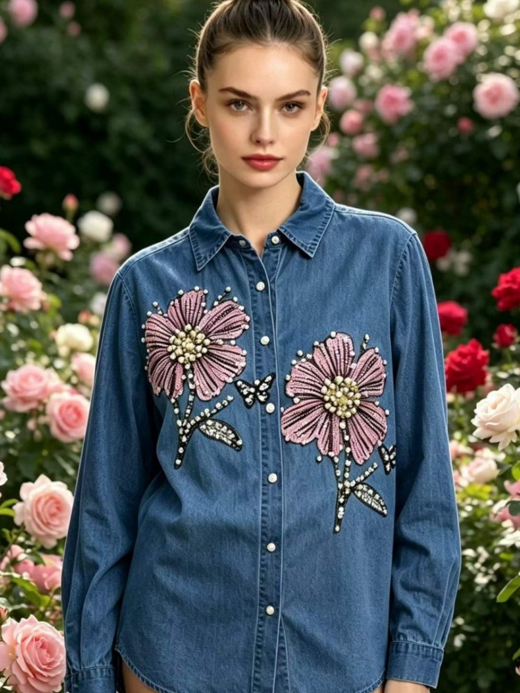 Embroidery Blouse - بلوزات نسائية من الدنيم مطرزة بأكمام