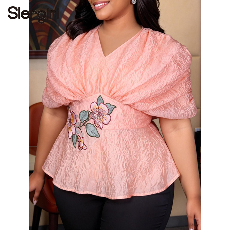 Embroidery Blouse - بلوزة سليرجي بمقاسات كبيرة مطرزة بالزهور